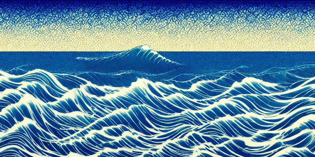 Image similar to clouds and waves, An aesthetically pleasing, dynamic, energetic, lively, well-designed digital art of a beach, ripples, waves, sea foam, light and shadow, overlaid with aizome patterns, Shin-hanga by Bob Ross, traditional Japanese colors, superior quality, masterpiece