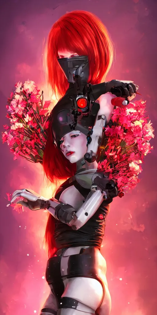 Prompt: Robot girl with red hair Cyber punk 2077, a very beautiful portrait, Devil May Cry game style, woman wrapped in lily flowers, photorealism