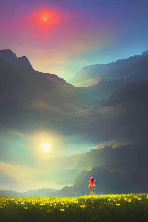 Image similar to giant daisy flower head, girl hiking in the mountains, surreal photography, sunrise, dramatic light, impressionist painting, colorful clouds, digital painting, artstation, simon stalenhag