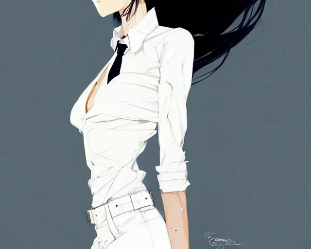 Image similar to a ultradetailed full body portrait of a woman dressed in a white shirt with a tie, by conrad roset, greg rutkowski and makoto shinkai trending on artstation