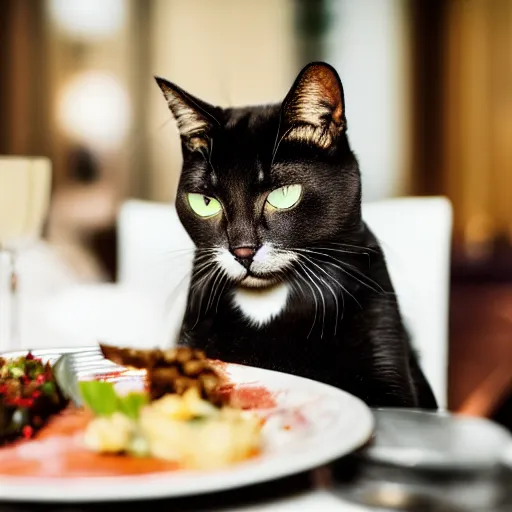 Image similar to A photo of a cat wearing a suit sitting in a fancy and expensive gourmet restaurant and eating a plate of cat food. f/2.8, dim lighting, award winning photo