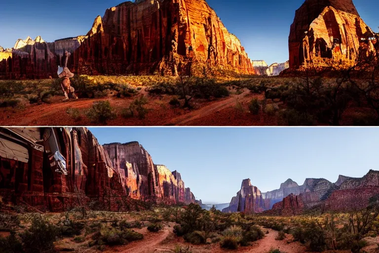 Image similar to cinematography of a cinematic ultra realist and ultra intricate detailed photo of a beautiful sci-fi armored mech shootout in Zion national park by Emmanuel Lubezki