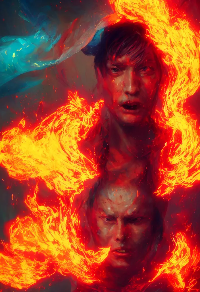 Image similar to a fancy protrait of a very mad mage engulfed in colorful flames by greg rutkowski, sung choi, mitchell mohrhauser, maciej kuciara, johnson ting, maxim verehin, peter konig, 8 k photorealistic, cinematic lighting, hd, high details,