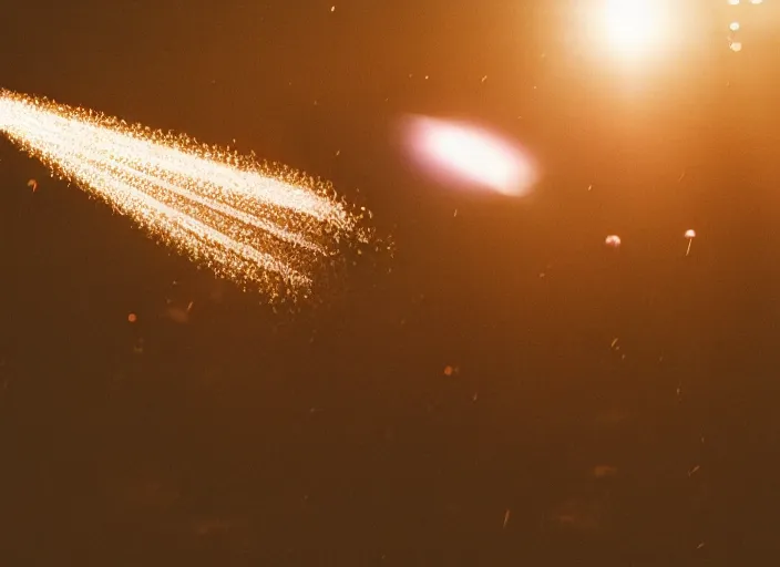 Image similar to a 3 5 mm photo of an alien spaceship firing blaster beams, bokeh, canon 5 0 mm, cinematic lighting, dramatic, film, photography, golden hour, depth of field, award - winning, 3 5 mm film grain