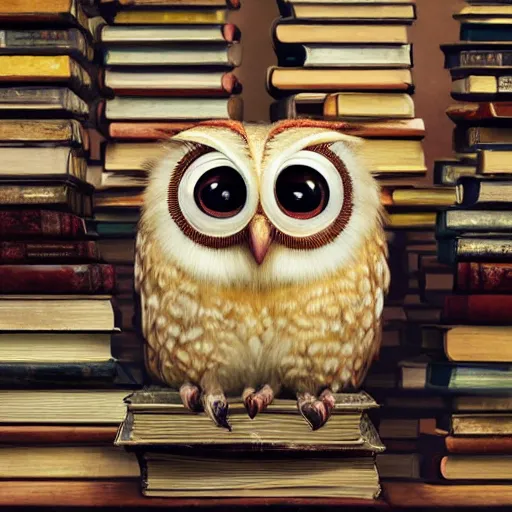 Image similar to long shot of a very cute plushy owl sitting on a pile of antique books, big eyes, eyelids half closed, by esao andrews, humorous illustration, hyperrealistic, big depth of field, fresh colors, dim light, 3 d octane render conceptart, 4 k, hyperdetailed, trending on artstation