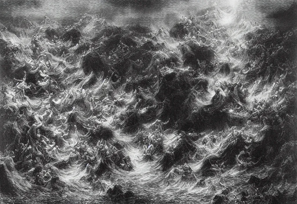 Prompt: the deluge, an engraving by gustave dore
