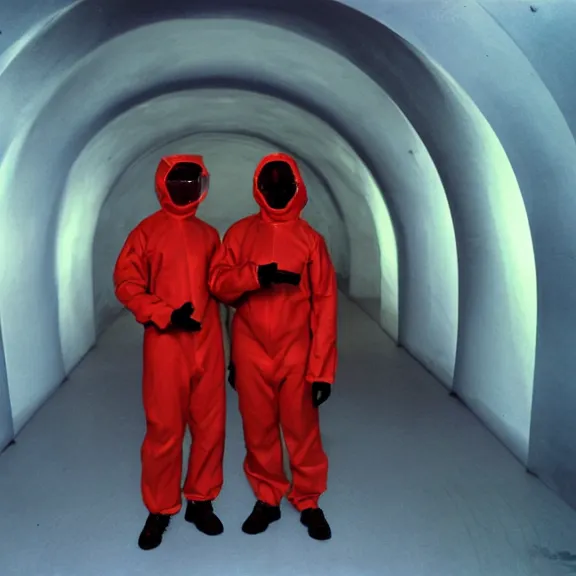 Prompt: two scientists wearing red hazmat suits designed by rick owens inside rainbow geometric tunnel by frank frazetta