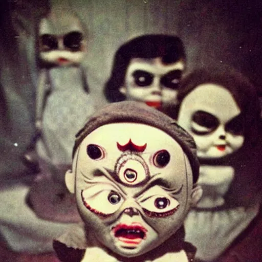 Image similar to 1 9 5 0 s, angry evil dolls coming to life and jump scaring, doll phobia, horror, polaroid,