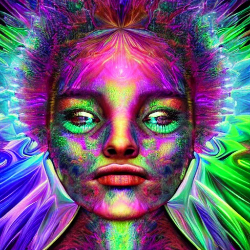 Image similar to Psychadelic picture of a womans face expanding her consciousness into the universe, digital art, high resolution