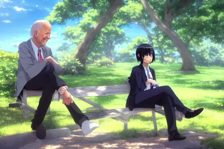 Image similar to photorealistic Joe Biden meets a beautiful smiling anime girl with black hair and hime cut sitting under a tree, anime key visual, digital art, anime screenshot, kyoto animation, makoto shinkai, trending on artstation