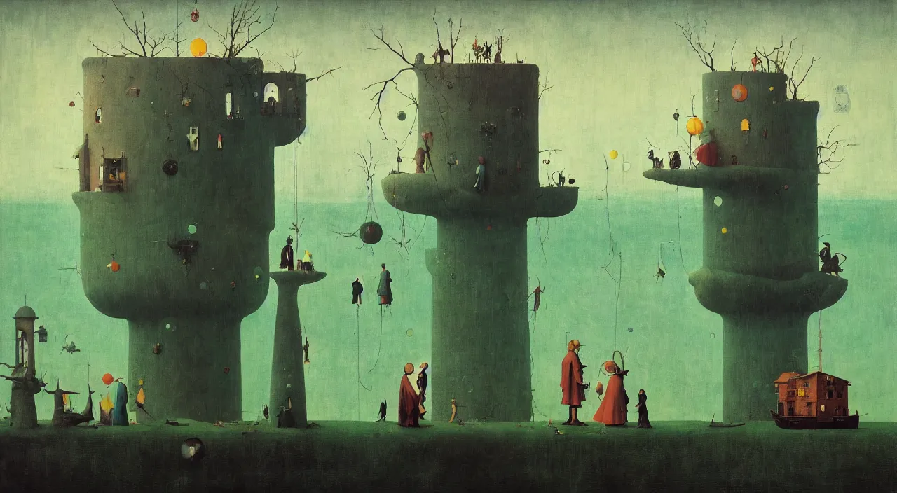 Image similar to single flooded simple!! bubble tower, very coherent and colorful high contrast masterpiece by norman rockwell franz sedlacek hieronymus bosch dean ellis simon stalenhag rene magritte gediminas pranckevicius, dark shadows, sunny day, hard lighting