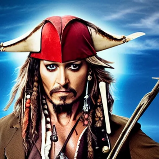 Image similar to A still of Hugh Jackman as Jack Sparrow. Extremely detailed. Beautiful. 4K. Award winning.