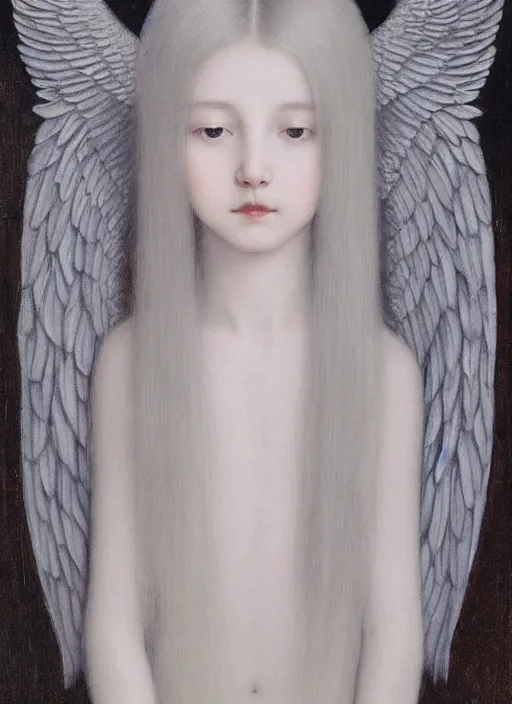 Image similar to thin young wan beautiful angel, silver hair so long, pale!, long silver hair, silver angel wings, smooth skin, wan adorable korean face, silver hair!!, style of fernand khnopff and lucien levy - dhurmer, oil on canvas, 1 8 6 2, 4 k resolution, aesthetic!,