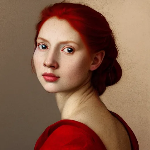 Image similar to portrait of a red haired woman, long hair, green eyes, hint of freckles, beautiful round face, soft amazed smiles, among golden fireflies, highly detailed, deep focus, elegant, digital painting, smooth, sharp focus, golden ratio, dramatic illumination, ultra realistic, 8 k, art by artemisia lomi gentileschi and caravaggio