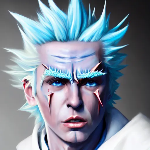 Image similar to Rick Sanchez, perfect eyes, spikey blue hair, white lab coat, full body shot, butcher, fantasy, beautiful face, medieval, vivid colors, elegant, concept art, sharp focus, digital art, Hyper-realistic, 4K, Unreal Engine, Highly Detailed, HD, Dramatic Lighting by Brom, trending on Artstation