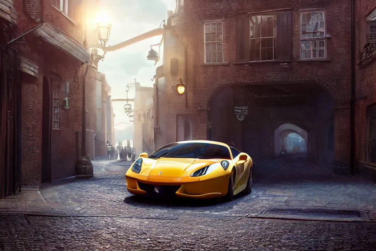 Prompt: a wholesome animation key shot of one focused ferrari, dynamic, on an ancient london street, wide shot, studio ghibli, pixar and disney animation, sharp, very detailed, high resolution, rendered in unreal engine 5, anime key art by greg rutkowski, overcast lighting, dark