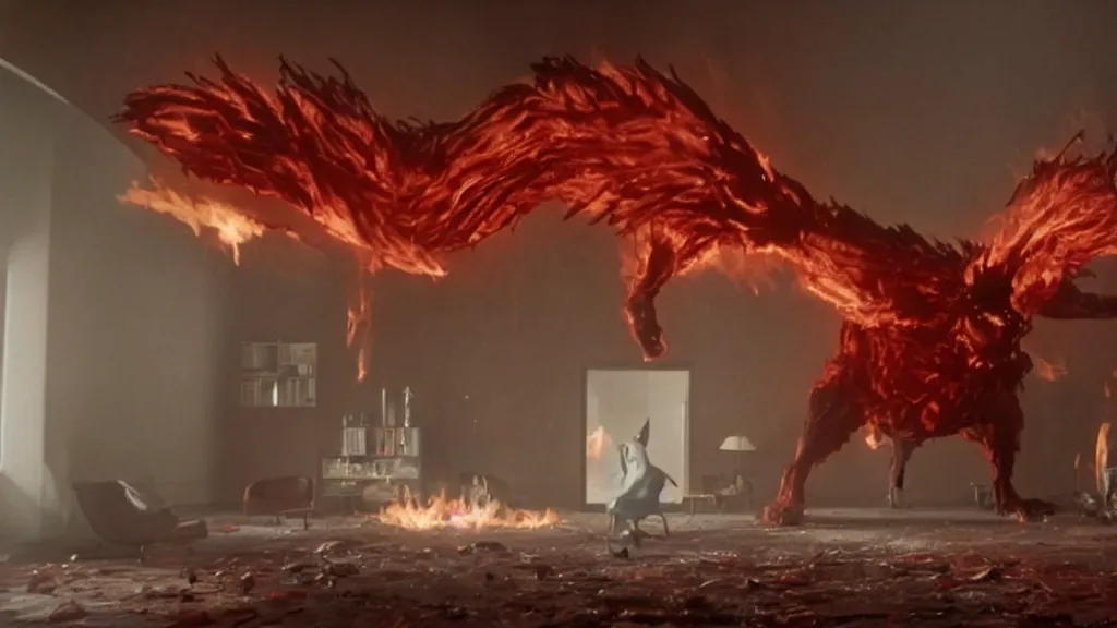 Image similar to a giant pokemon made of blood and fire floats through the living room, film still from the movie directed by Denis Villeneuve with art direction by Salvador Dalí, wide lens