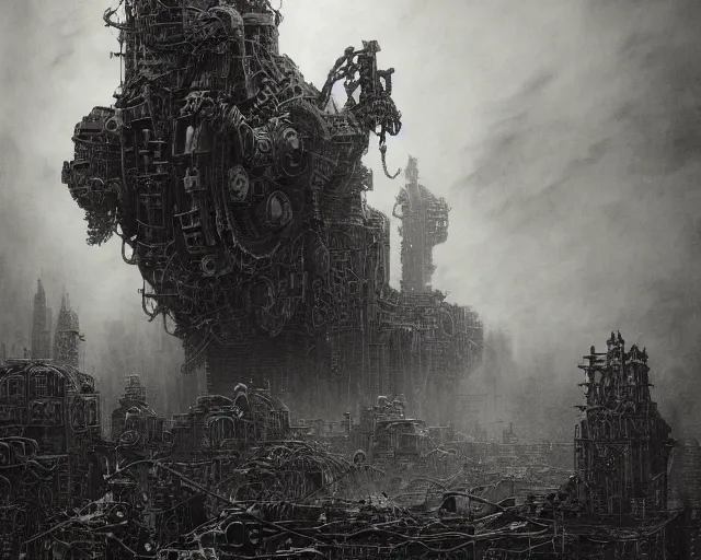 Image similar to beautiful hyperrealistic ultradetailed matte painting of dieselpunk war machines, by James Stokoe and harry clarke and Zdzisław Beksiński and Jakub Rozalski, war theatre, dark, realistic, smog, black smoke, oil, machine parts, dystopian, insane details, peter mohrbacher, intricate, mecha, embers, trending on artstation, volumetric lighting, smog, micro details, vivid colors, HD wallpaper, 8k:3, gray:-1, blur:-1