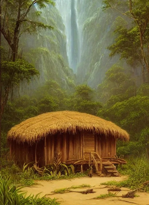 Image similar to a beautiful painting of a small and simple indigenous hut lost deep in the amazon jungle near a river, matte painting, art by christophe vacher