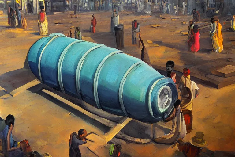 Prompt: an oil painting of a fuel tank being worshipped my millions in Dhaka city, concept art