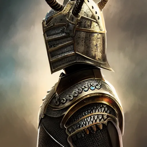 Image similar to knight soldier close up standing in beautiful armor and horn helmet, detailed digital artwork, symmetrical, highly detailed, highly accurate, deep aesthetic, 8 k, highly ornate intricate details, cinematic lighting, rich colors, ray tracing, hyperrealistic, photorealistic, cinematic landscape, trending on artstation,