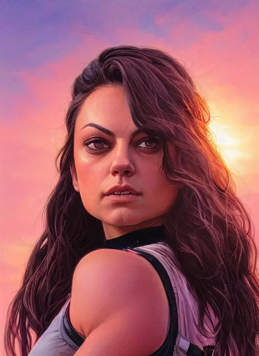 Image similar to epic portrait of Mila Kunis wearing black choker, a very strong muscled Amazon heroine, sun beams across sky, pink golden hour, intricate, elegance, highly detailed, shallow depth of field, epic vista, concept art, art by Artgerm and Donato Giancola, Joseph Christian Leyendecker