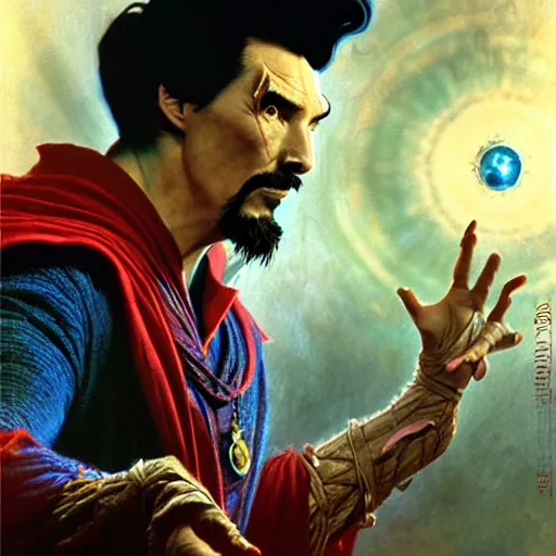 Image similar to the third first image on the scattered absurdity server, dr strange and dr seuss, very pretty, photorealistic, portal hopping and time warping with reckless abandon, highly detailed painting by gaston bussiere, craig mullins, j. c. leyendecker