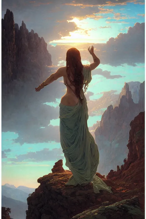 Prompt: an ultradetailed matte landscape painting of colossal magnificent mountain sized sculpture of a beautiful and elegant woman, sunrise on the horizon in the background, stone hand raised up, 8 k, art by greg rutkowski and alphonse mucha and andreas rocha and albert bierstadt