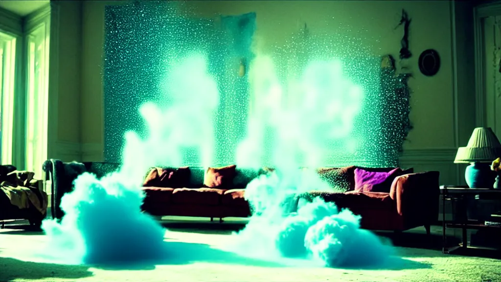 Prompt: colored powder explosion in the living room, film still from the movie directed by Denis Villeneuve with art direction by Salvador Dalí, wide lens