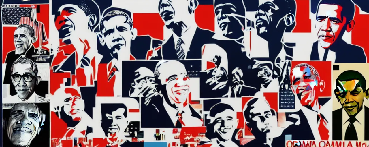 Prompt: a collage poster of obama designed by mike mcquade