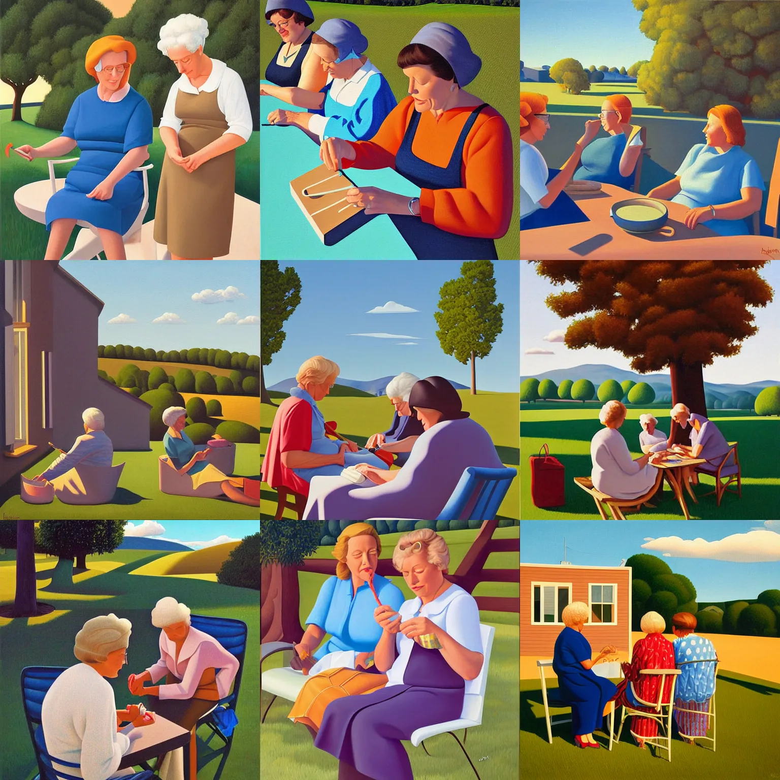 Prompt: old ladies knitting, blue sky, summer evening, a painting by kenton nelson