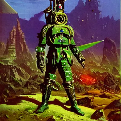 Image similar to sardaukar warrior on green planet, vintage sci - fi art, by bruce pennington