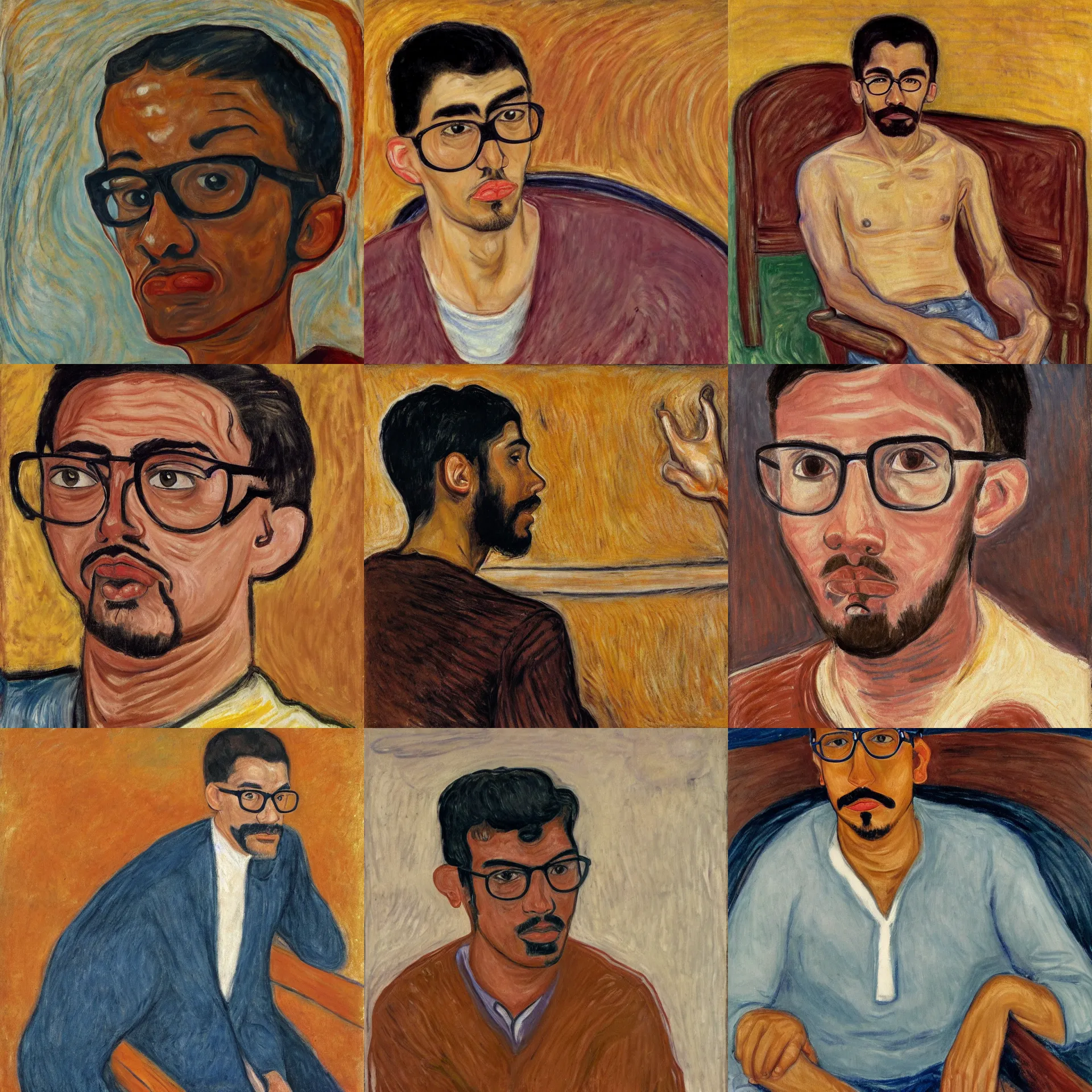 Prompt: 3 / 4 view portrait of a latino skinny young man, brown skin, wavy short hair, goatee, sad looking eyes, wearing glasses, straight nose, seated on a chair, close up, light brown background, painted by edvard munch