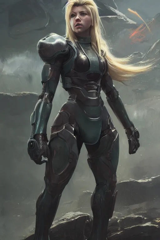 Prompt: a close up of Katheryn Winnick wearing Samus\'s armor by Greg Rutkowski, Sung Choi, Mitchell Mohrhauser, Maciej Kuciara, Johnson Ting, Maxim Verehin, Peter Konig, 8k photorealistic, cinematic lighting, HD, high details, dramatic, trending on artstation, full body shot