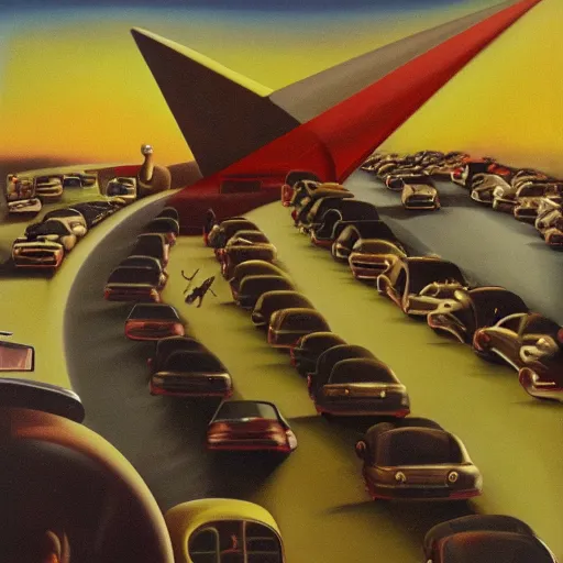 Prompt: a beautiful surrealist painting depicting being stuck in traffic. oil on canvas, 1 9 4 0. trending, high quality, high resolution, detailed