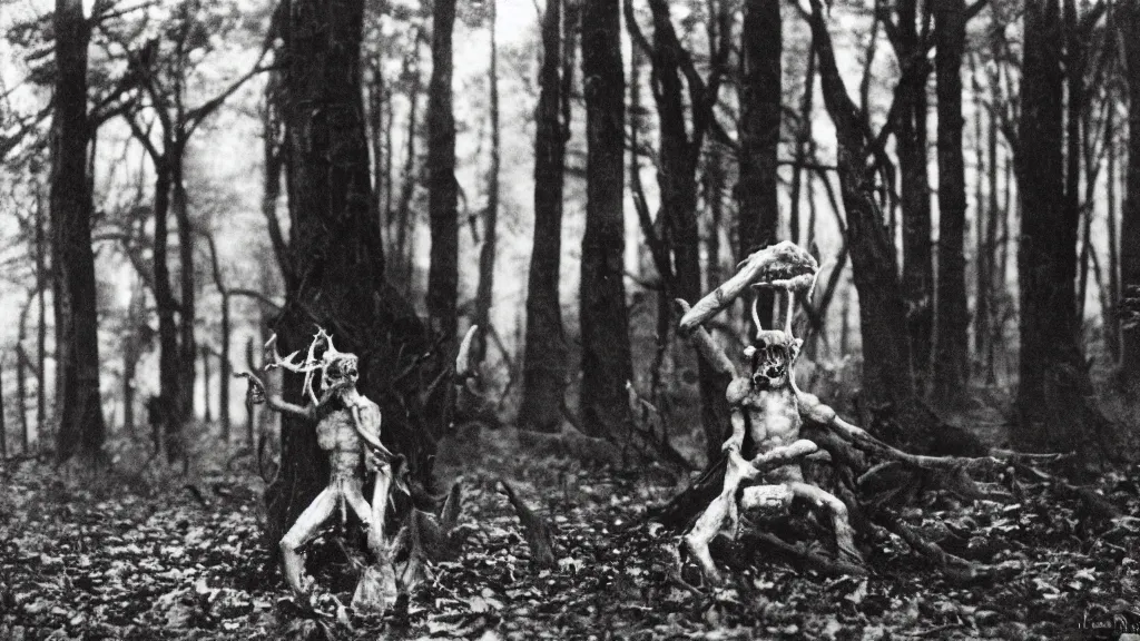 Image similar to An epic photo of an ancient terrifying Il Gabibbo in dark forest, consuming and eating and destroying a futuristic. by Diane Arbus and Louis Daguerre. highly detailed. 85mm, Bokeh