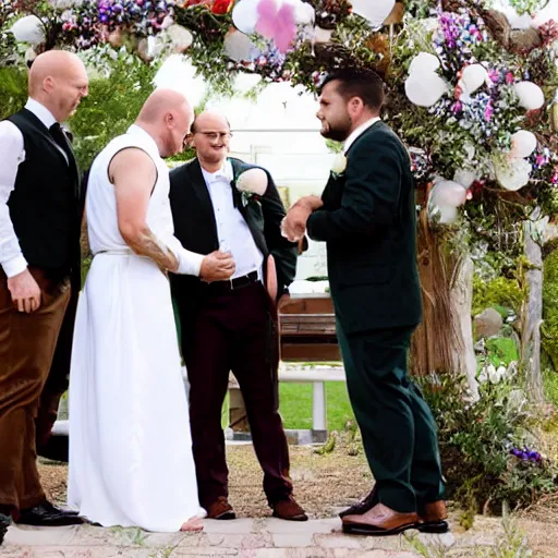 Image similar to a lovely gay wedding between a middle aged balding white man and a young brown skinny Latino man