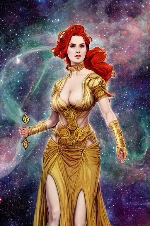 Image similar to a full body tarot card of triss merigold as the thicc empress of time, long and beautiful floor length nebula colored dress made of stars and stardust, emerald tiara and necklace, space, universe, portrait, highly detailed, deep focus, elegant, digital painting, smooth, sharp focus, ultra realistic, 8 k, art by artgerm and alphonse mucha