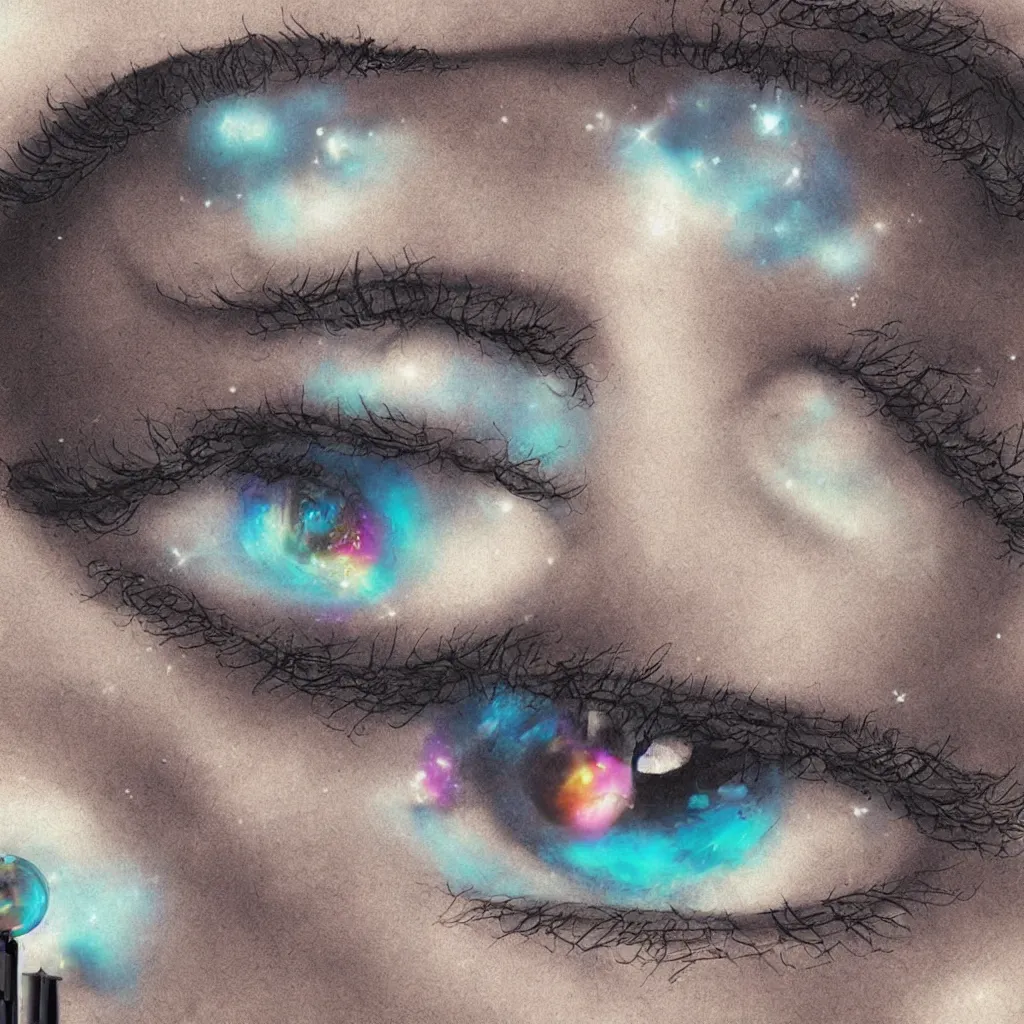 Prompt: retrofuturistic digital airbrush illustrated album cover of eyes and crystals