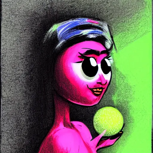 Image similar to a Paris Hilton, woman, paris hilton tennis ball monster, tennis ball, chalk, digital art, fantasy, magic, trending on artstation, ultra detailed, professional illustration by Basil Gogos