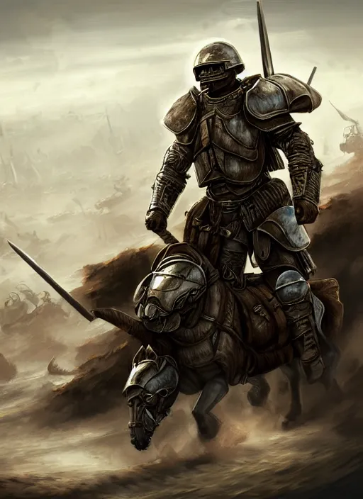Prompt: portrait of epic armored war commander leaving war ground. highly detailed, digital painting, concept art, smooth, sharp focus, illustration