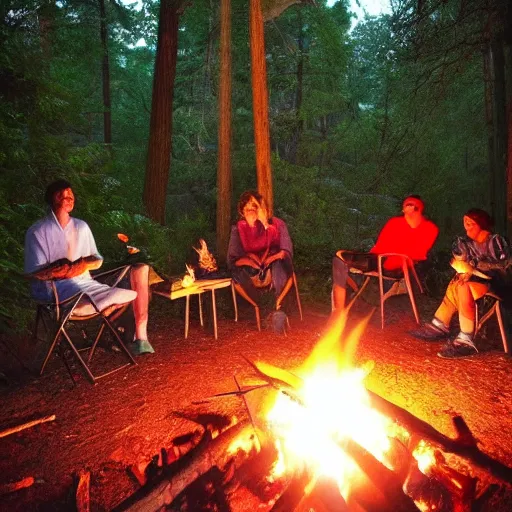 Prompt: angles in heaven looking down onto 6 people around a campfire on earth, dreamy