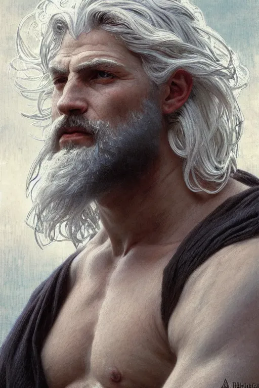 Image similar to painted portrait of rugged zeus, god of thunder, greek god, white hair, masculine, mature, handsome, upper body, muscular, hairy torso, fantasy, intricate, elegant, highly detailed, digital painting, artstation, concept art, smooth, sharp focus, illustration, art by gaston bussiere and alphonse mucha