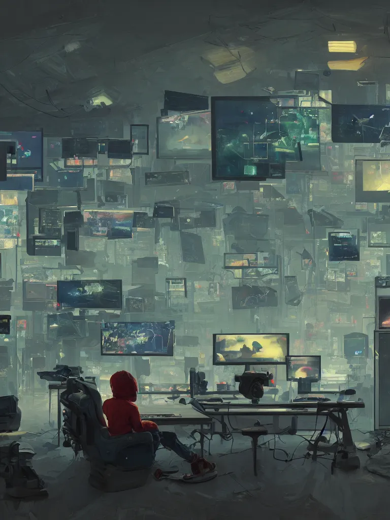 Prompt: a boy sitting in an hacker room with many screens in a painting from stalenhag, 4 k, 8 k, hdr, artstation, concept art