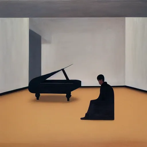 Prompt: painting of a man sitting at a grand piano, but not playing. he's looking into the void. by antony gormley