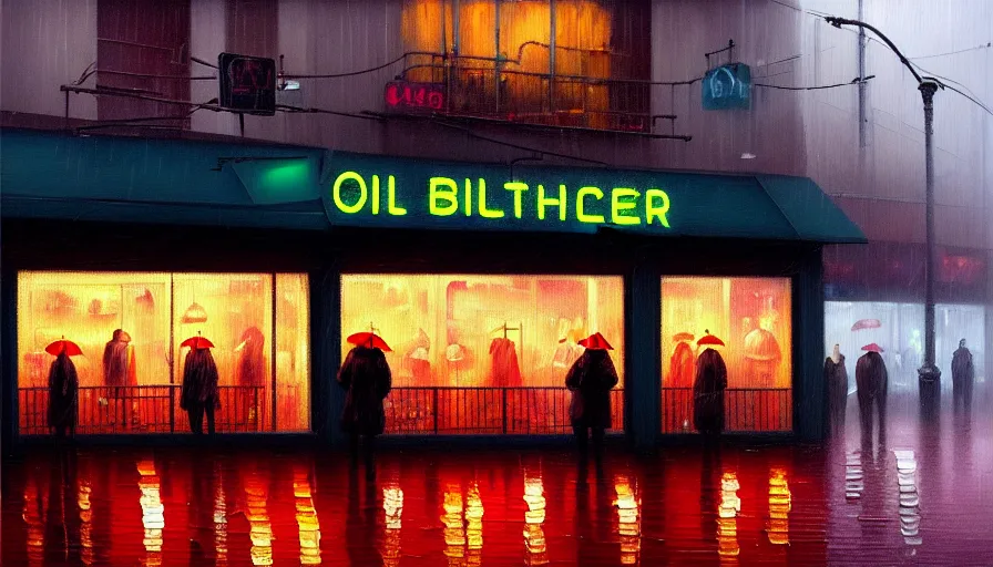 Prompt: oil painting of a neon sign storefront butcher shop, raining, busy street, cyberpunk, romantisism, outrun, synthwave, painting, detailed, by katia chausheva