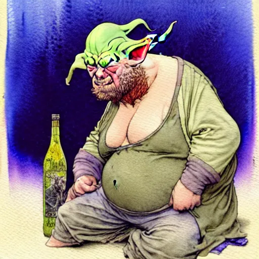 Image similar to a realistic and atmospheric watercolour fantasy character concept art portrait of a fat sleazy homeless yoda wearing a wife beater drinking out of a broken bottle, by rebecca guay, michael kaluta, charles vess and jean moebius giraud