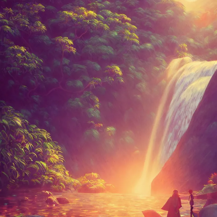 Image similar to an epic makoto shinkai and renoir landscape with a hawaiian waterfall, golden hour, 🌺, ultra smooth, octane render, lois van baarle, ilya kuvshinov, unreal engine, blender, trending on artstation, suntur, caleb worcester, highly detailed, photorealism, bloom effect