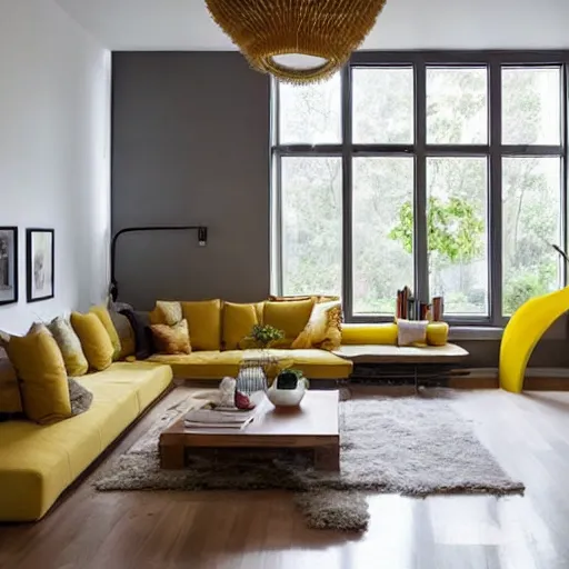 Image similar to Minimalistic Livingroom with a staircase, wooden floor, white L shaped couch, wooden coffee table, Big chandelier, Big Windows, Yellow Lights