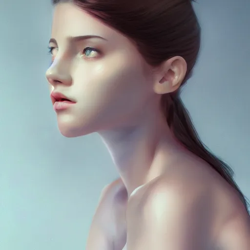 Image similar to a realistic photo portrait of beautiful 👧 with soft 👀 fashion modeling pose, full body, like a professional model, face by WLOP, body by Alex Flores, face symmetry, style of Dan Luvisi, and Charlie Bowater, artstation, rendered, cinematic color grading, muted colors, soft light, rule of thirds, cinematic